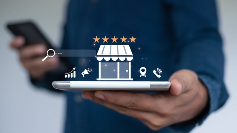 Mobile phone showing online storefront with 5-star rating, local SEO icons and search bar